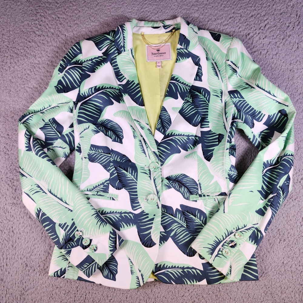 Juicy Couture Green Tropical Banana Leaf Print Cotton Peplum Blazer Jacket Sz 4